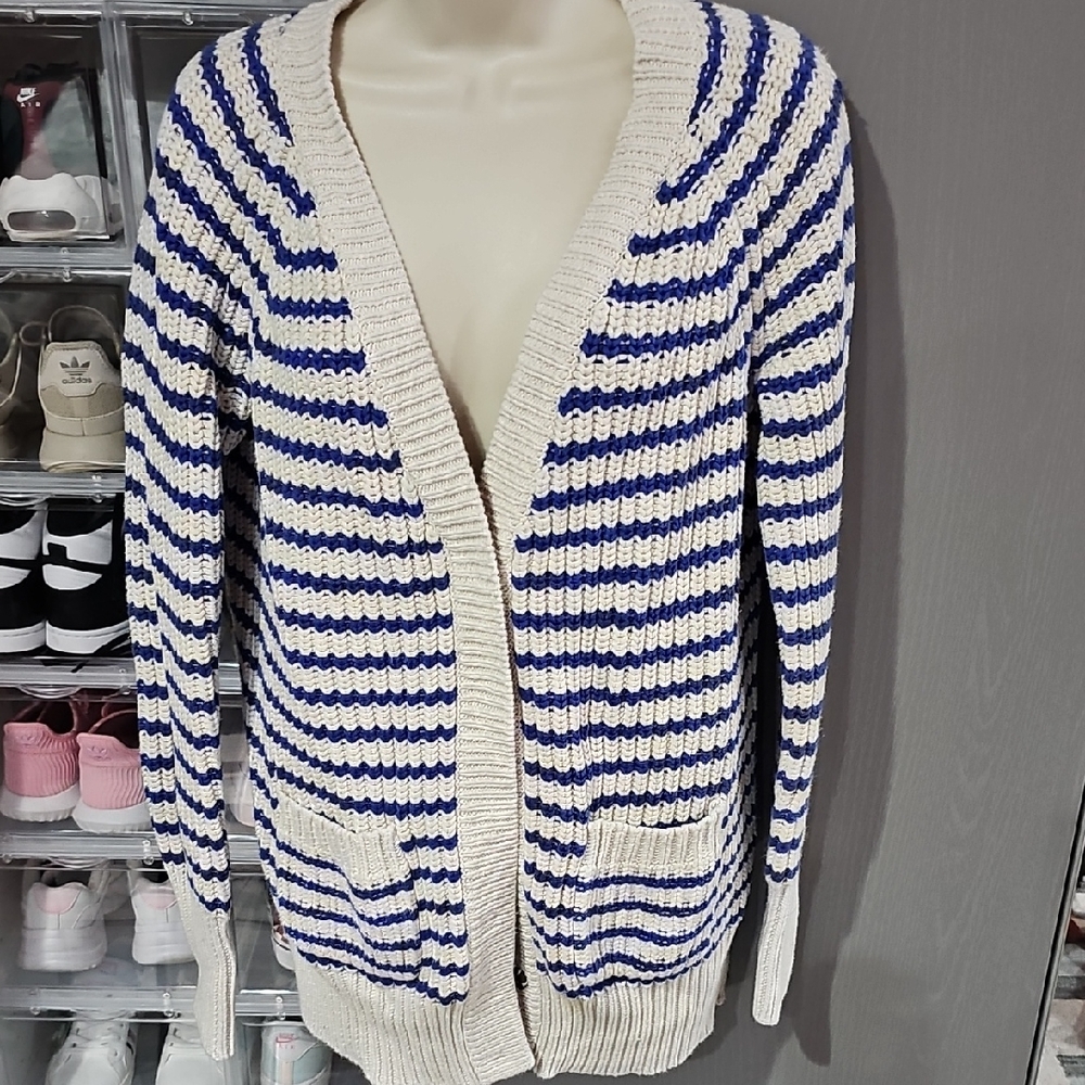 J. Crew Cream and Blue Nautical Cardigan
